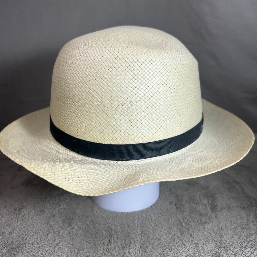 Vintage Panama Straw Fedora Hat Medium Made USA Union Made Ivory Black Band